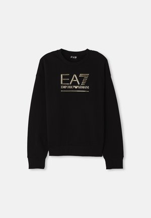 Zwarte sweatshirt met een opvallend gouden metallic logo "EA7 Emporio Armani" op de voorkant, met geribde mouwen en zoom.