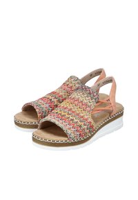 Geflochtene, mehrfarbige Sandalen mit offener Zehenpartie, Slingback-Design, gepolsterter Innensohle und Wedge-Sohle mit weißen Gummielementen und geflochtenem Jute-Akzent.