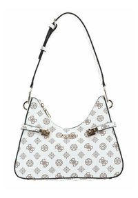 Borsa a spalla bianca in materiale sintetico, con un motivo geometrico, hardware dorato e accenti neri sui bordi.