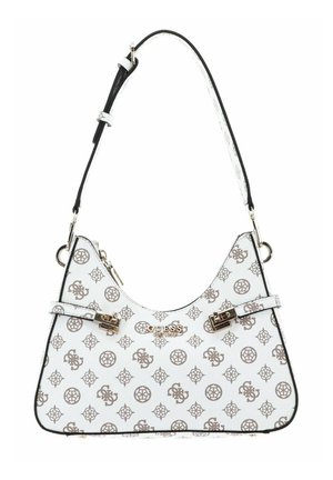 Borsa a spalla bianca in materiale sintetico, con un motivo geometrico, hardware dorato e accenti neri sui bordi.