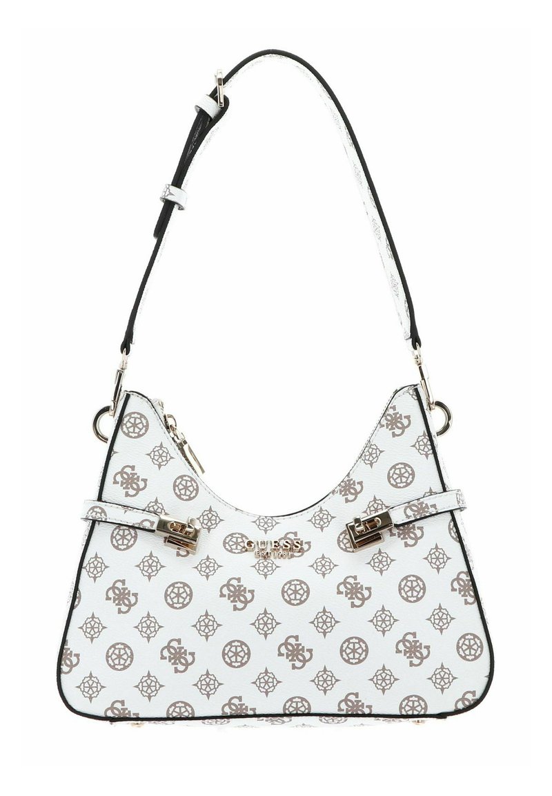 Borsa a spalla bianca in materiale sintetico, con un motivo geometrico, hardware dorato e accenti neri sui bordi.