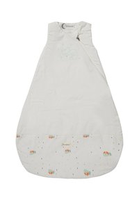 Weißer Babyschlafsack mit ärmellosem Design, der eine genähte Fuchsillustration und bunte Muster von rollenden Tieren in der Nähe des Saums aufweist.