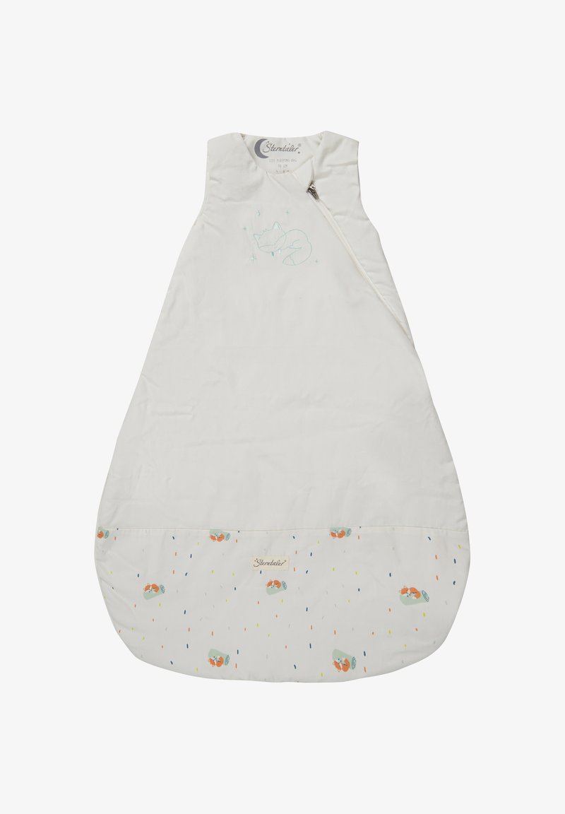 Weißer Babyschlafsack mit ärmellosem Design, der eine genähte Fuchsillustration und bunte Muster von rollenden Tieren in der Nähe des Saums aufweist.