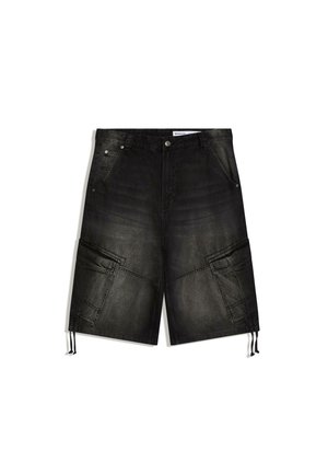 Schwarze Denim-Cargoshorts mit Vordertaschen, seitlichen Klappentaschen, Gürtelschlaufen, Knopfverschluss und verstellbaren Kordeln am Saum.