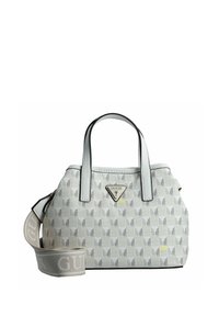 Sac à main blanc avec motif géométrique, quincaillerie en argent, double anses et bandoulière amovible arborant le logo de la marque. Texture lisse.