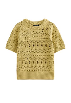 Jersey de punto de manga corta en color amarillo mostaza con patrones texturizados de zigzag y enrejado, bajo y cuello acanalados.