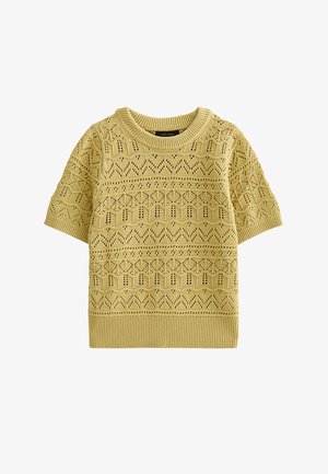 Maglione in maglia giallo senape a maniche corte con motivi a zigzag e a rete testurizzati, orlo e scollatura a coste.