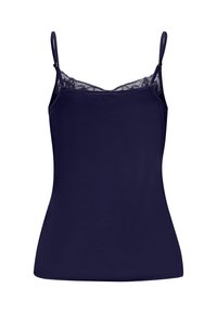 Navy camisole with adjustable spaghetti straps, lace trim along the neckline, and a fitted hem. Material appears smooth and stretchy.