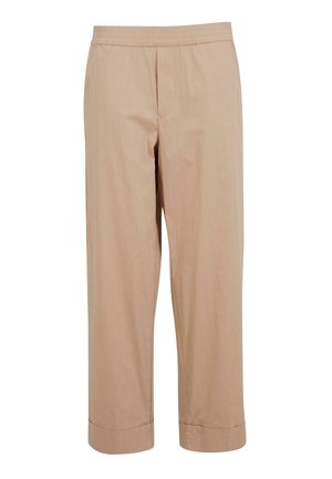 Light beige, cropped trousers with an elastic waistband and fold at the cuffs. Made from a smooth, woven fabric with a slight sheen.