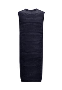 Abito in maglia senza maniche caratterizzato da un motivo texturizzato in navy con strisce orizzontali, che mette in mostra diversi stili di lavorazione e un colletto rotondo.