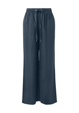 Pantalon bleu foncé à jambe large avec taille élastique et fermeture à cordon, coupe décontractée ample.