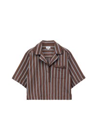 Chemise marron à manches courtes avec des rayures verticales blanches et bleues, col cranté, encolure en V et petite poche poitrine.