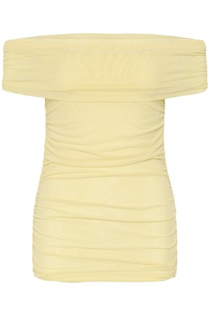 Ανοιχτό κίτρινο μίνι φόρεμα με ακάλυπτους ώμους και ρυτιδιασμένο ύφασμα, με εφαρμοστή σιλουέτα και ελαστική επάνω άκρη.