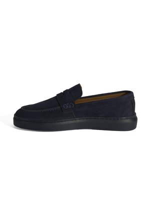 Dunkelnavyvelourslederslipper mit einer flachen Gummisohle, ausgestattet mit einem gestickten Design und einem asymmetrischen Riemen über dem Obermaterial.