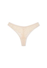 Lace thong in light peach, featuring floral patterns, a narrow waistband, and scalloped edges. Soft texture with delicate detailing.