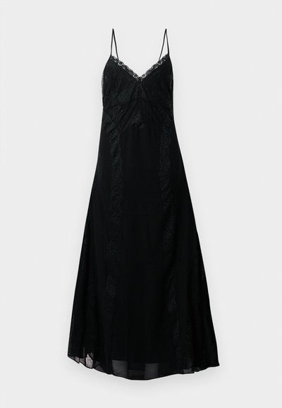 Musthave mustripsiga must pitsidega lipsukleid, millel on reguleeritavad spagetitripid, voolav siluett ja keerukas pitsidetail rinnaosas.