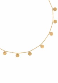 Gouden ketting met een delicate schakel en afwisselend ronde schijf bedels. Gladde textuur met een minimalistisch ontwerp.