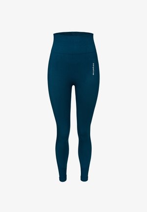 Kõrge vöökohaga, kehaümbritsevad retuusid tumehelesinisena, millel on sile tekstuur. Minimaalne bränding on valgete tähtedega trükitud küljele.