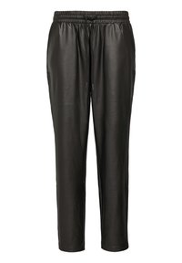 Zwarte leren joggingsbroek met een elastische tailleband, verstelbaar trekkoord en zijzakken; gladde textuur en taps toelopende pasvorm.