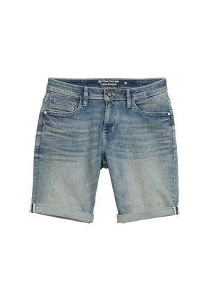 Light blue denim shorts with a regular fit, featuring rolled cuffs, five pockets, and subtle fading on the fabric. Brand label visible.