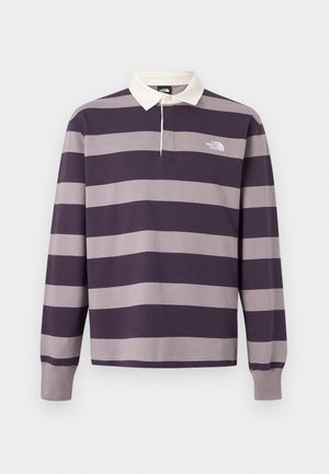 Μπλούζα ράγκμπι με μακριά μανίκια, με φαρδιές οριζόντιες σκούρες μωβ και γκρίζες ρίγες, λευκό γιακά και λογότυπο The North Face στο στήθος.