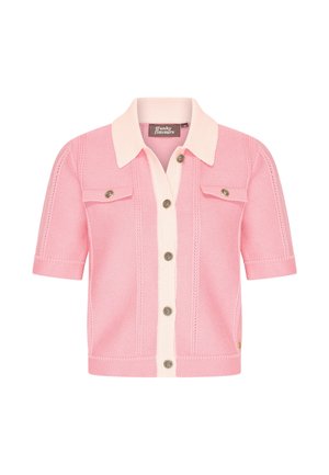 Short-sleeve pink knitted cardigan with a cream collar and button placket. Two front pockets and round silver buttons. Textured fabric.