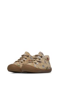 Beige canvas schoenen met een gestructureerde rubberen zool, versierd met kleurrijke dierenprints en gevlochten veters. Laag uitgesneden ontwerp met een ronde neus.