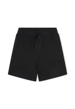 Pantalones cortos casuales negros con cintura elástica y cordón delantero, mostrados sobre un fondo blanco.