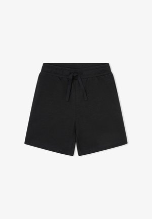 Pantalones cortos casuales negros con cintura elástica y cordón delantero, mostrados sobre un fondo blanco.