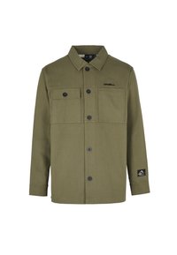 Olivově zelená bunda vyrobená z texturované látky, s knoflíkovou přední částí, dvěma náprsními kapsami a logem našitým na rukávu.