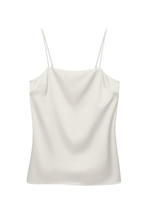 Haut caraco en satin blanc avec fines bretelles spaghetti réglables et un léger drapé au niveau de l'encolure, présenté sur un fond blanc uni.