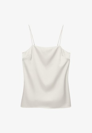 Haut caraco en satin blanc avec fines bretelles spaghetti réglables et un léger drapé au niveau de l'encolure, présenté sur un fond blanc uni.