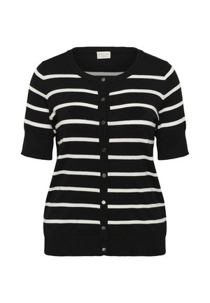 Melns un balts svītrains kardigans ar īsām piedurknēm, apaļu izgriezumu un pogām priekšpusē. Mīksta trikotāžas auduma.