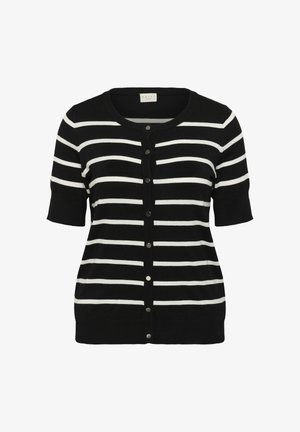 Zwart-wit gestreepte cardigan met korte mouwen, ronde halslijn en knoopsluiting aan de voorkant. Zachte gebreide stof.