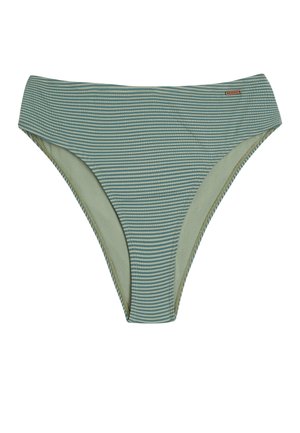Zeleni prugasti bikini donji dio s glatkom teksturom, visokim izrezom na nogavicama i pojasom. Sadrži suptilnu oznaku brenda sa strane.