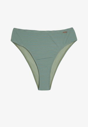 Vihreät raidoitetut bikinit, joissa on sileä rakenne, korkeat lahkeiden aukot ja vyötärönauha. Sivussa on hienovarainen brändilogo.