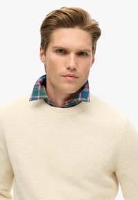 Beige katoenen trui met een gestructureerde breisteek, gedragen over een meerkleurig geruite blouse met groene, blauwe en bordeaux kleuren.