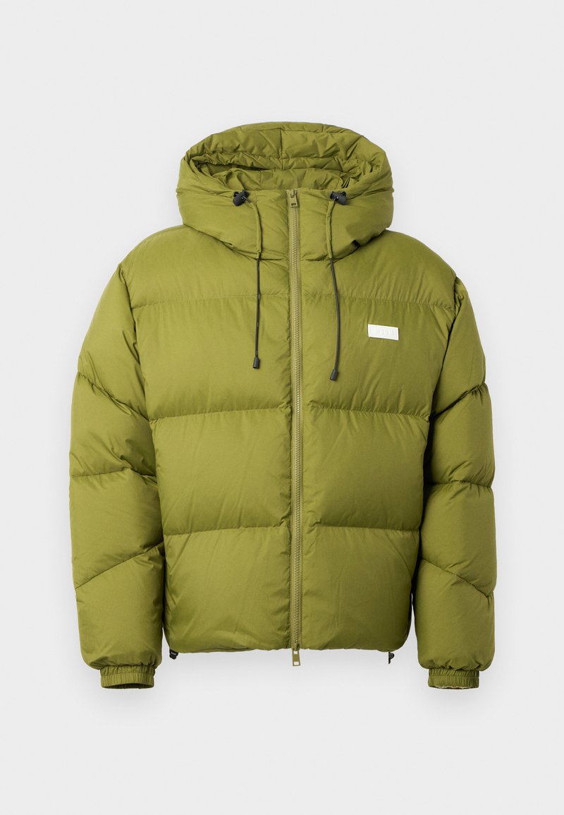 Olive green puffer jacket with a hood, featuring a front zipper, drawstring closure, and elastic cuffs. Includes a small logo patch.