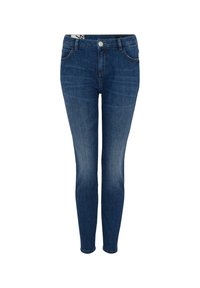 Jeans skinny in denim blu scuro con un design a cinque tasche classico, dotati di zip e bottone in metallo sul cinturino.