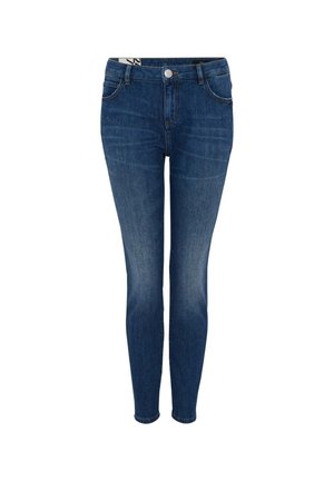 Schlanke Jeans aus dunkelblauem Denim mit klassischem Fünf-Taschen-Design, ausgestattet mit einem Reißverschluss und einem Metallknopf an der Taille.