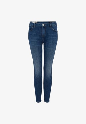 Jeans skinny in denim blu scuro con un design a cinque tasche classico, dotati di zip e bottone in metallo sul cinturino.