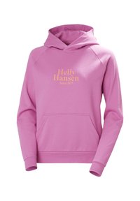Sudadera rosa con un bolsillo delantero, puños acanalados y una capucha ancha. Presenta la impresión "Helly Hansen Desde 1877" en dorado claro. Textura de tela suave.