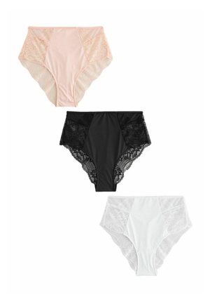 Súprava dámskeho spodného prádla s vysokým pásom a čipkovanými bočnými časťami v béžovej, čiernej a bielej farbe, zobrazená na bielom pozadí.