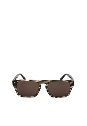 Occhiali da sole rettangolari con lenti marrone scuro e montatura beige maculata nera.