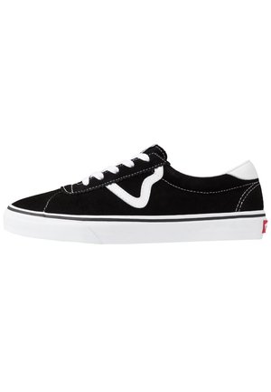 Black suede sneaker with white laces, contrast stitching, and a white side logo. Features a white rubber sole with black accents.