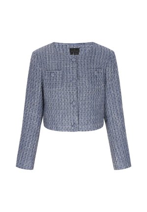 Geknipte jas in blauw en wit tweed, met lange mouwen, een ronde halslijn, twee borstzakken en knoopsluitingen.