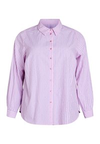Lichtpaarse lange mouwen overhemd met verticale witte en blauwe strepen, zachte stof, knoopsluiting aan de voorkant, en een enkele zak aan de linkerkant.
