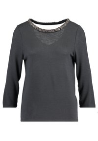 Grå långärmad topp med rundad halsringning prydd med en texturerad silverkant, tillverkad av ett mjukt, lätt tyg.