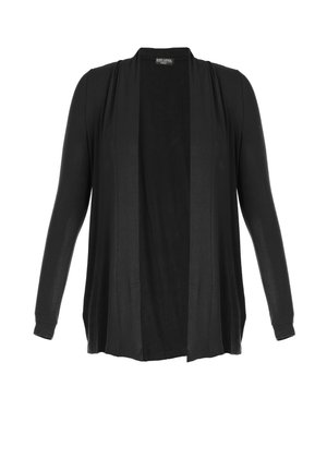Zwarte openvallende cardigan met lange mouwen, een gedrapeerde kraag en een rechte zoom, weergegeven tegen een witte achtergrond.