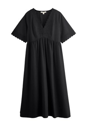 Schwarzes Midikleid mit V-Ausschnitt, gewelltem Spitzensaum am Ausschnitt und an den Ärmeln, kurzen weiten Ärmeln, geraffter Taille und fließendem Rock.
